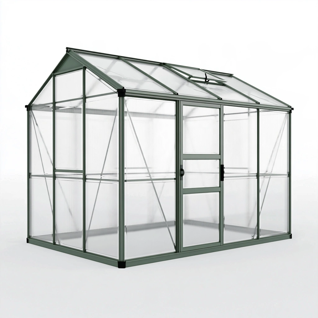 Gewächshaus 190 x 190 x 195 cm aus Aluminium und Polycarbonat in Grün mit Dachfenster