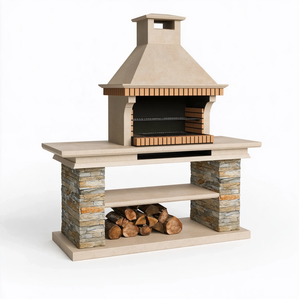 Grillkamin 140 x 70 x 210 cm aus Beton in Beige mit Grillrost und Holzablage
