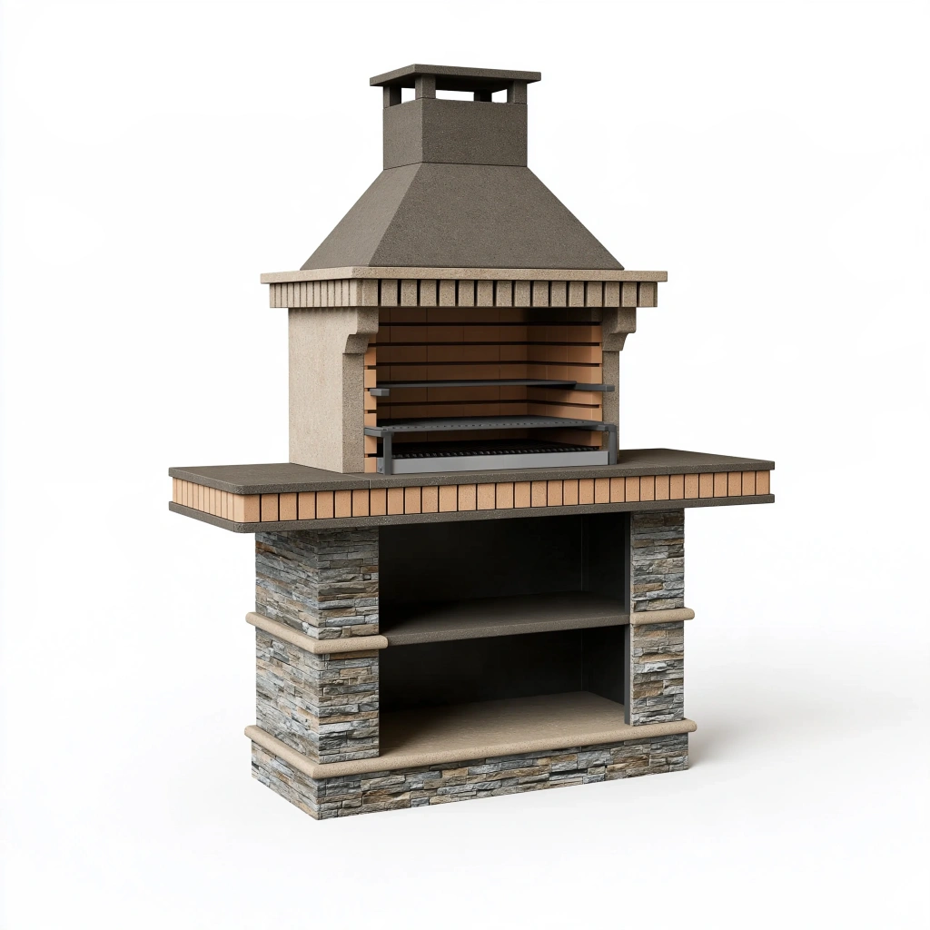 Grillkamin 160 x 70 x 230 cm aus Stein und Stahl grau beige für den Außenbereich