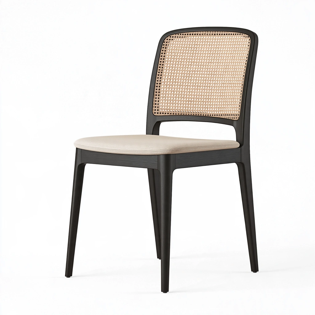 Esszimmerstuhl 49 x 55 x 82 cm aus Holz und Rattan in Schwarz Natur Beige mit gepolsterter Sitzfläche